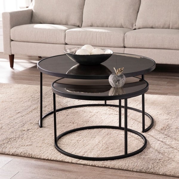 2pc Black Round Nesting Glass Top Cocktail Table Set 32