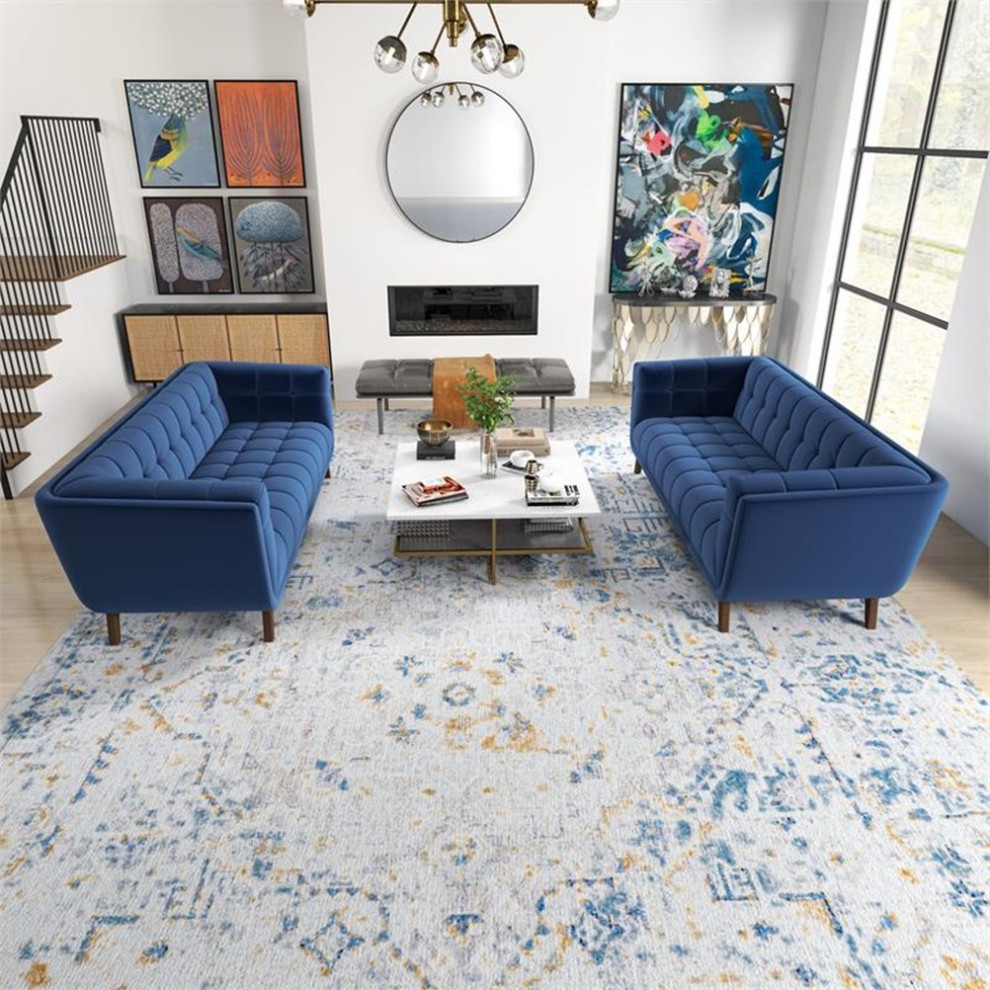 Kartmes Mid Century Modern Living Room Velvet Sofa Set in Blue   Midcentury   Living Room Furniture Sets   by Homesquare  Houzz