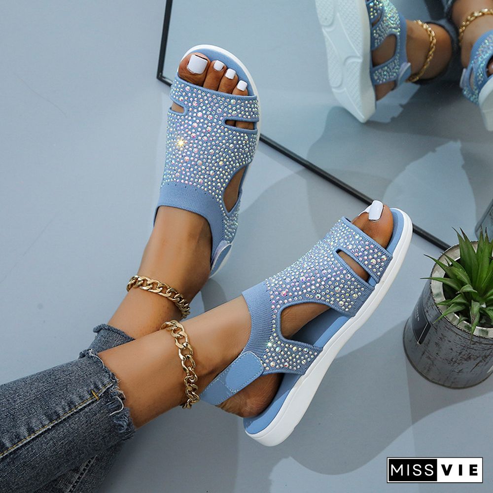 New Summer Women Sandals Fashion Stretch Flying Weave Rhinestone Casual Woman Flats Ladies Beach Shoe Big Size 36-43