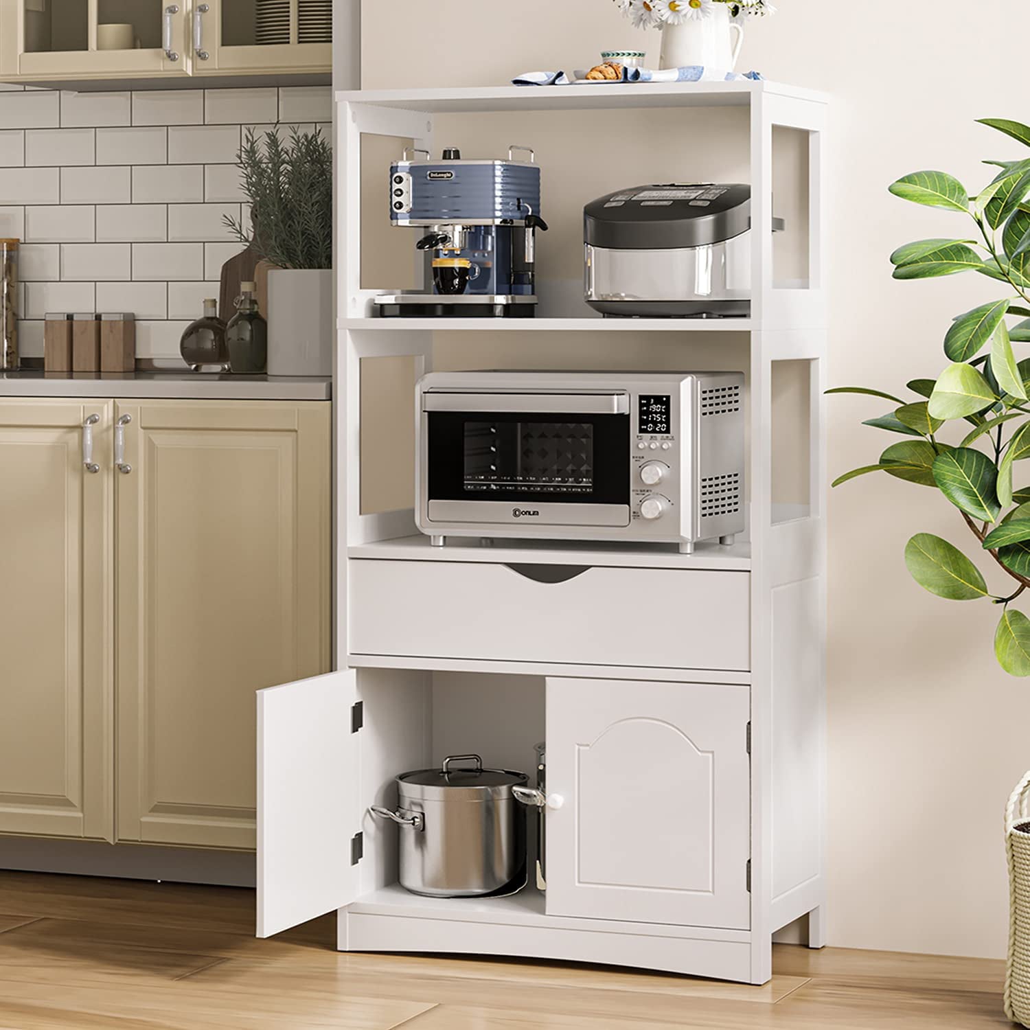 White Sideboard Storage Cabinets for Kitchen with Drawer， Pantry Storage Cabinet with Microwave Space and 1 Cupboard