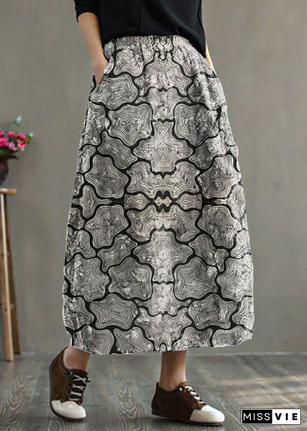 Women Black - texture Elastic Waist Patchwork Print Fine Cotton Filled Skirt Winter