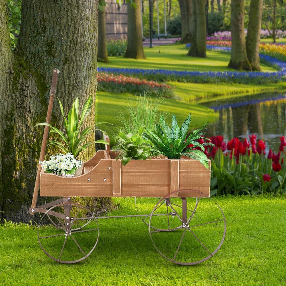 HONEY JOY Wooden Garden Flower Planter Wagon Wheel Plant Bed Decorative Garden Planter for Backyard Garden Brown TOPB004892