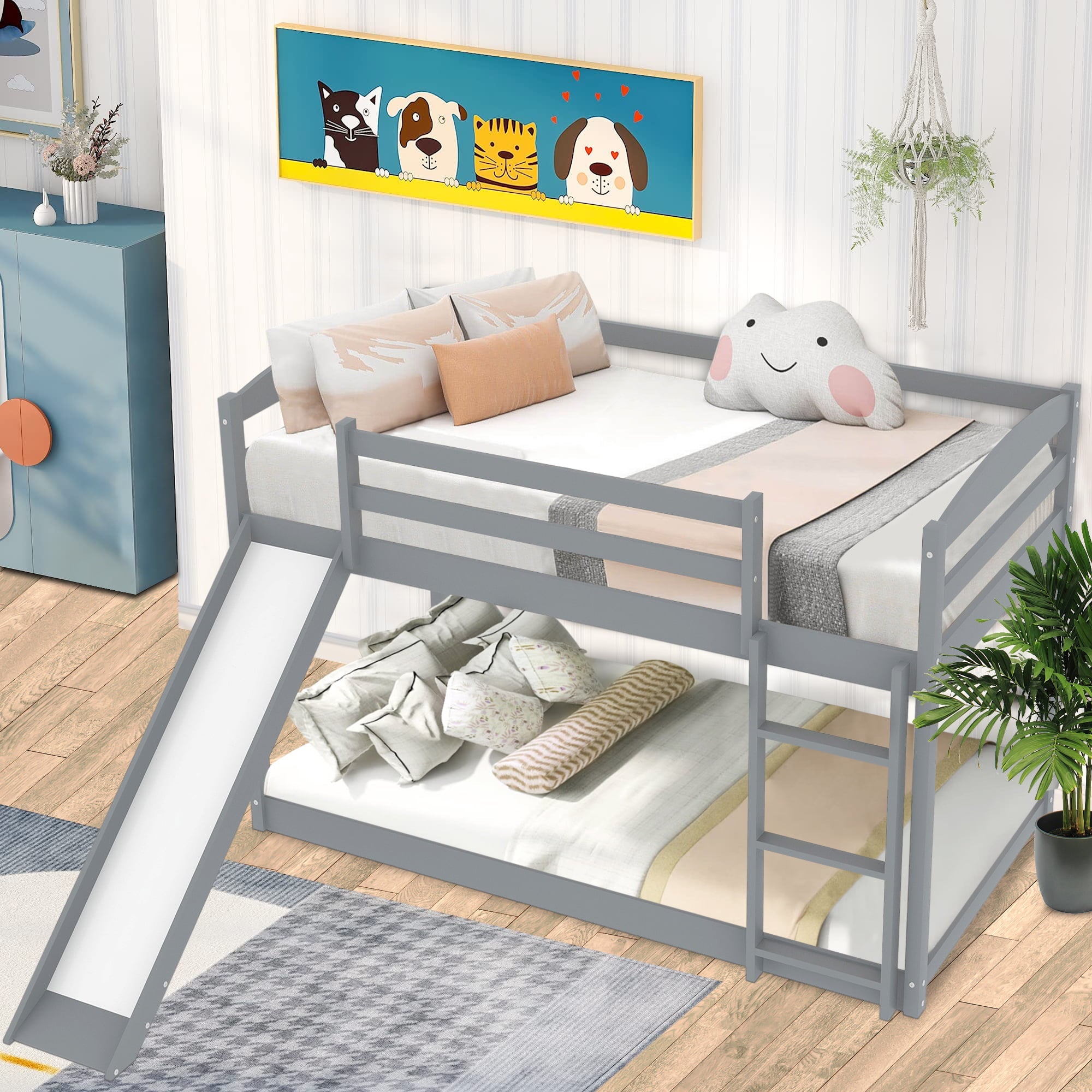 Floor Bunk Bed with Convertible Slide and Ladder, SESSLIFE Wood Bunk Beds with Guardrail for Boys Girls Toddlers, Gray Twin Over Twin Bunk Bed, Kids Floor Bunk Bed for Home Children’s Room, TE838