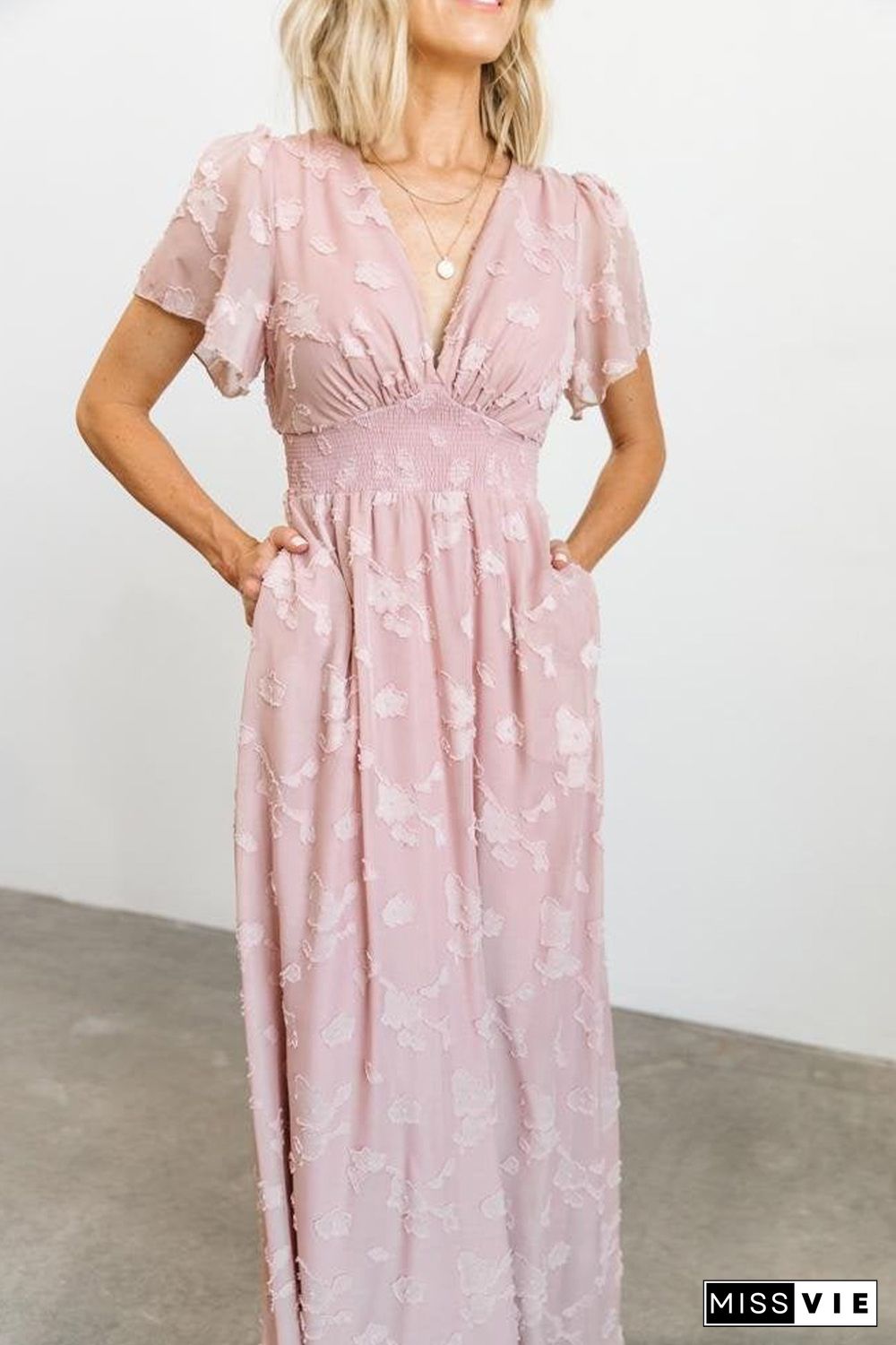 Pink Floral Textured V Neck Smocked Maxi Dress