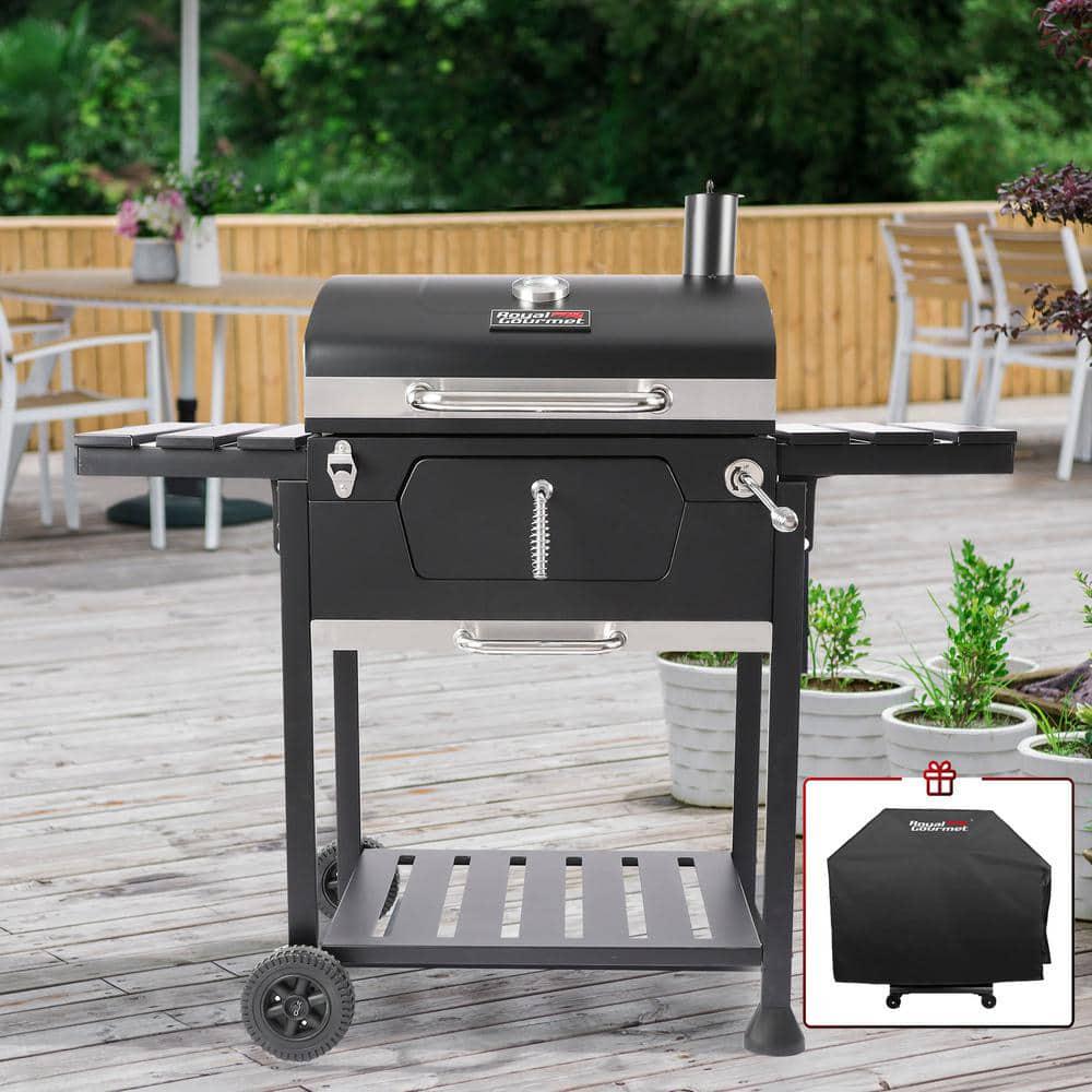 Royal Gourmet Charcoal Grill with 2 Side Table in Black Plus a Cover