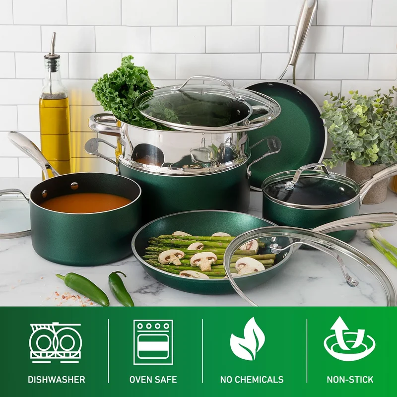 GRANITESTONE Emerald Green 20-Piece Aluminum Ultra-Durable Triple Layer Non-Stick Cookware and Bakeware Set