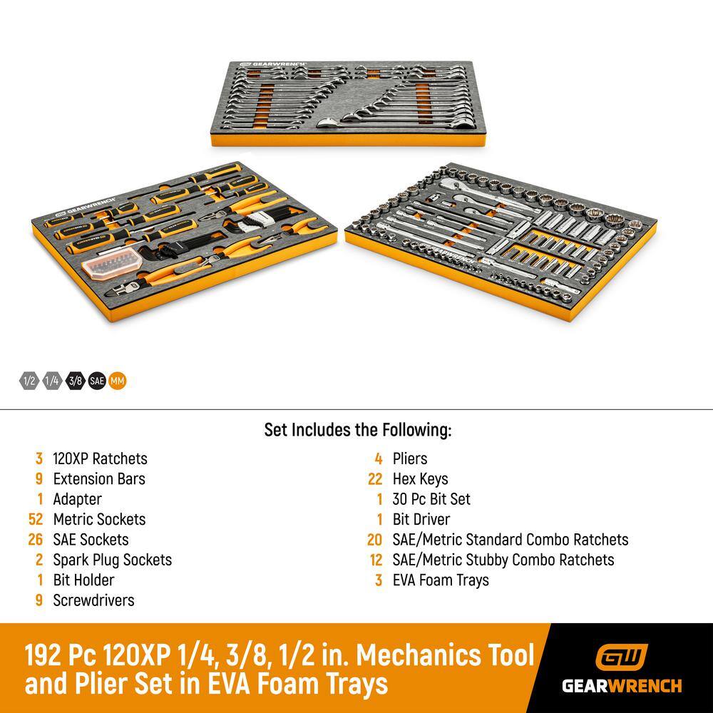 GEARWRENCH 120 XP 14 in. 38 in. 12 in. Plier and Mechanics Tool Set in EVA Foam Trays (192-Piece) 82998983071CB