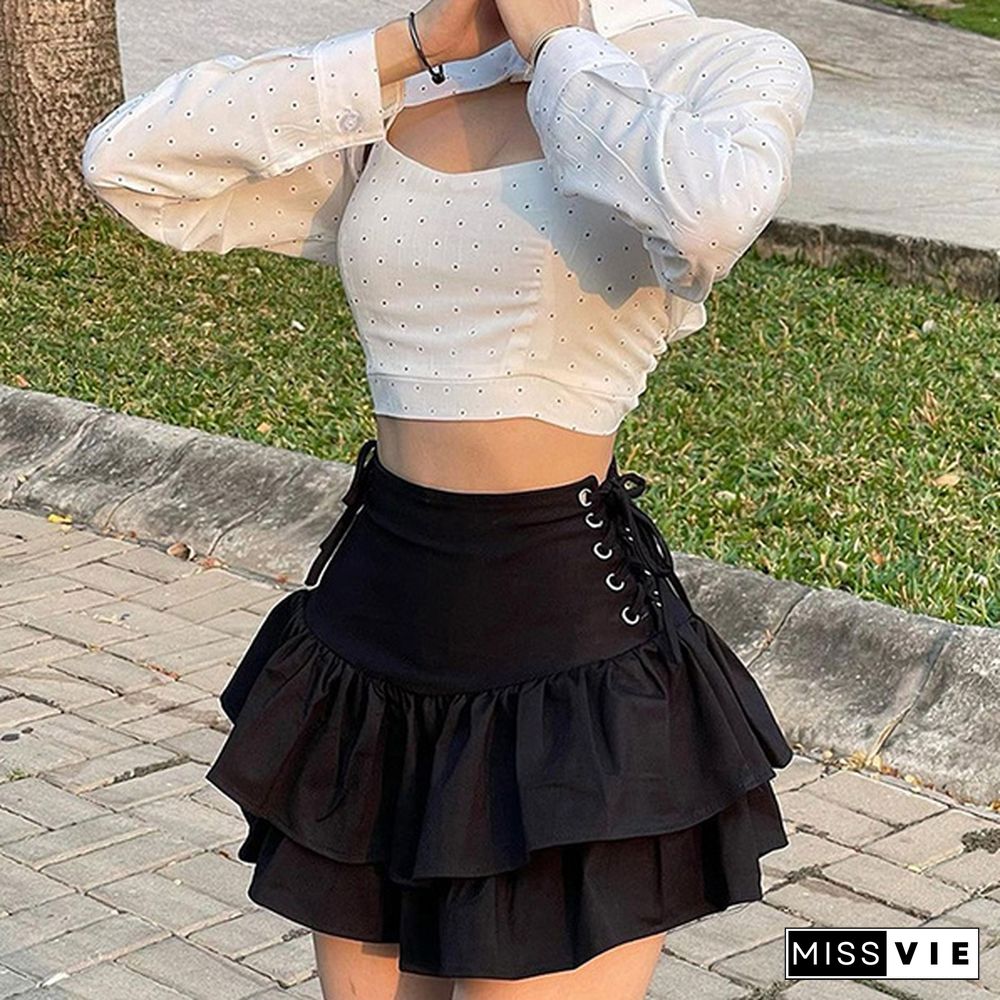 Diablo Personality Side Waist Corn Eyelet Tie Skirt Summer Female Student New Half Skirt