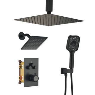 CASAINC 5-Spray 12 in. Thermostatic Dual Shower Heads Ceiling Mount Fixed and Handheld Shower Head 2.5 GPM in Matte Black CS6222-12MB