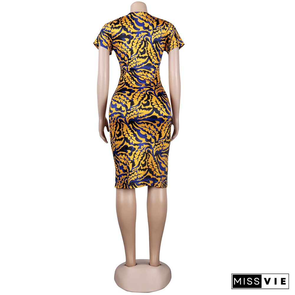 Pattern Printing Deep-V Short Sleeve Midi Dress