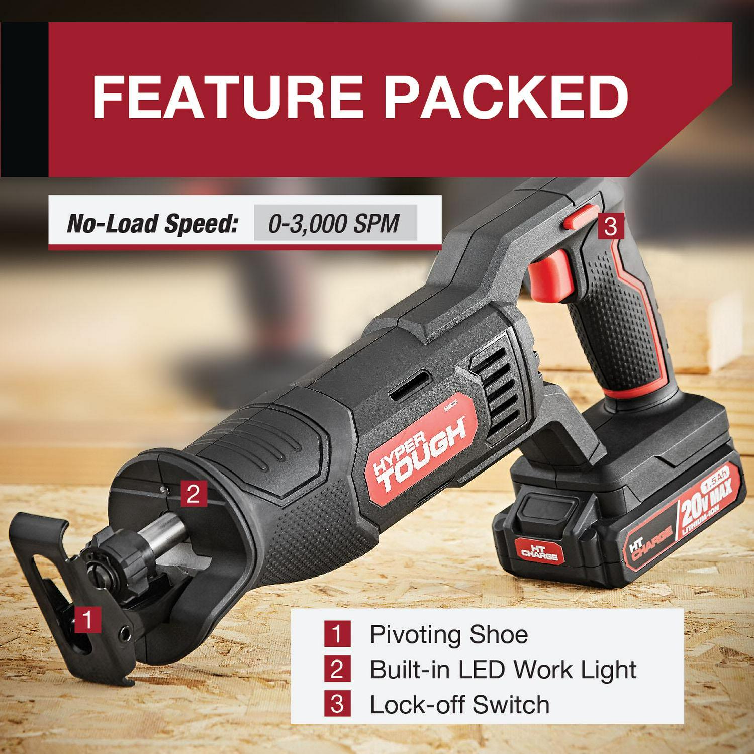 Hyper Tough 3 Tool Piece Set 20V Max Cordless Combo Kit with 3/8 inch Drill， 1/4 inch Impact Driver， Recip Saw with 2 1.5Ah Lithium-ion Batteries， Charger， Wood Blade， Built-in LED Light and Bag