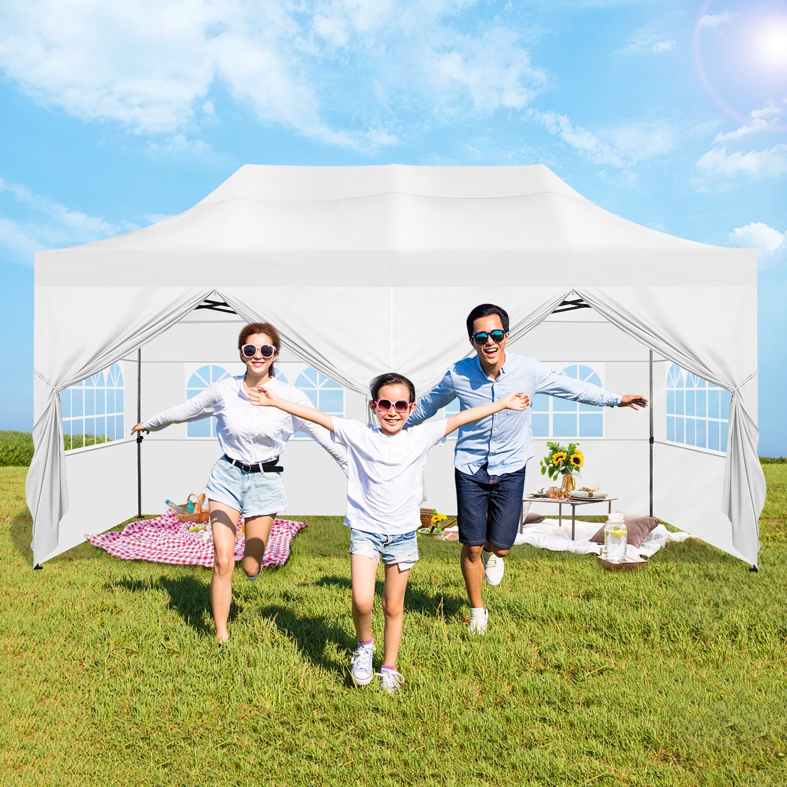 10'x20' Pop Up Canopy Waterproof Folding Tent Outdoor Easy Set-up Instant Tent Heavy Duty Commercial Wedding Party Shelter with 6 Removable Sidewalls, 6 Sandbags, Roller Bag, White