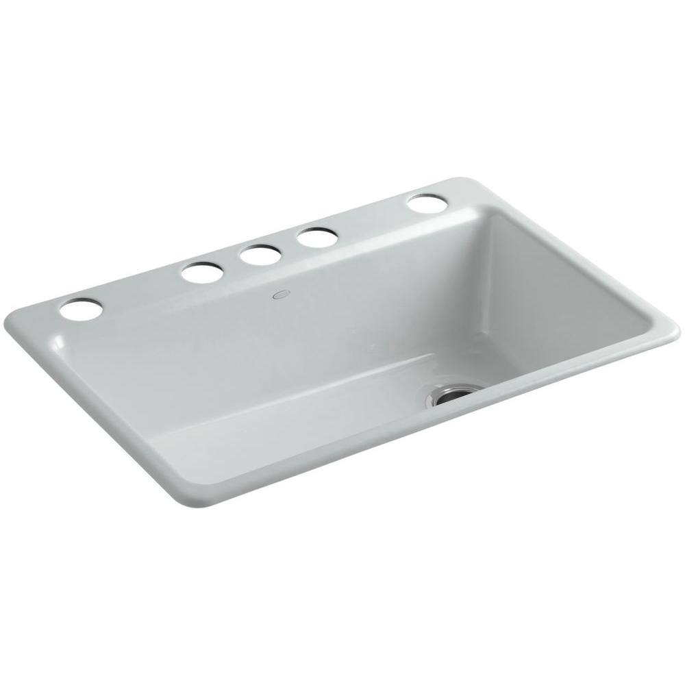 KOHLER Riverby Undermount Cast-Iron 33 in. 5-Hole Single Bowl Kitchen Sink Kit with Accessories in Ice Grey K-5871-5UA3-95