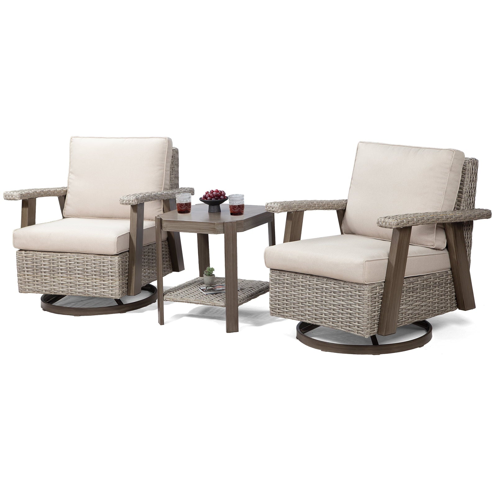 MeetLeisure Outdoor Wicker Swivel Rocker Chairs Sets of 2 and Side Table, Beige