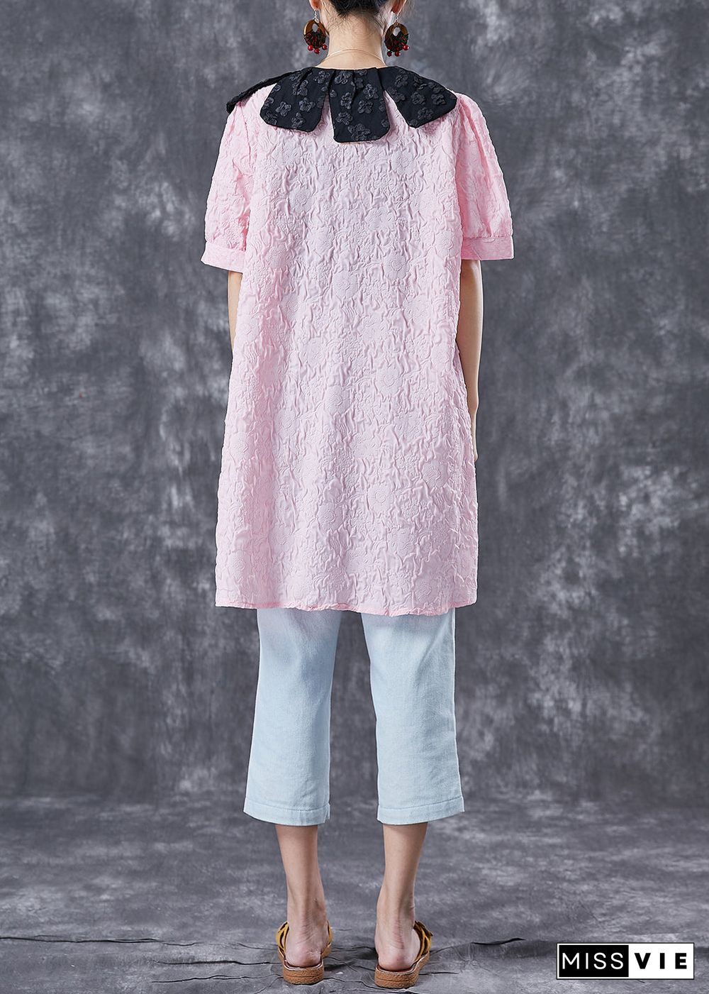 Modern Pink Jacquard Floral Cotton Shirt Dress Summer