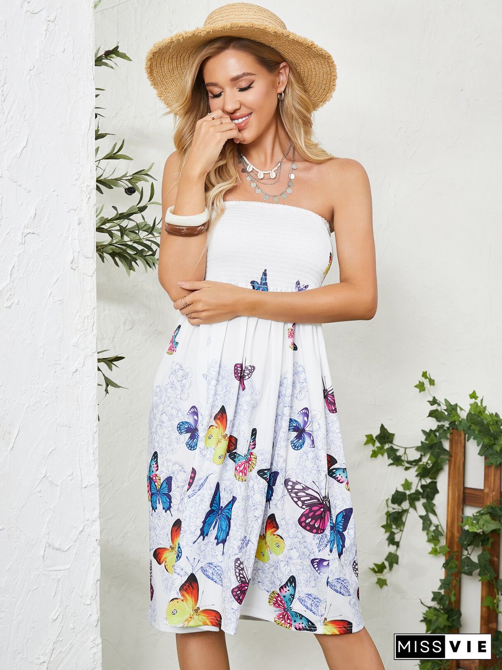 Random Floral Print Shirring Tube Top Sleeveless Mini Dress