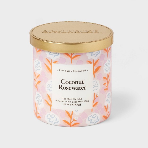 2 wick 15oz Glass Jar Candle With Patterned Sleeve Coconut Rosewater