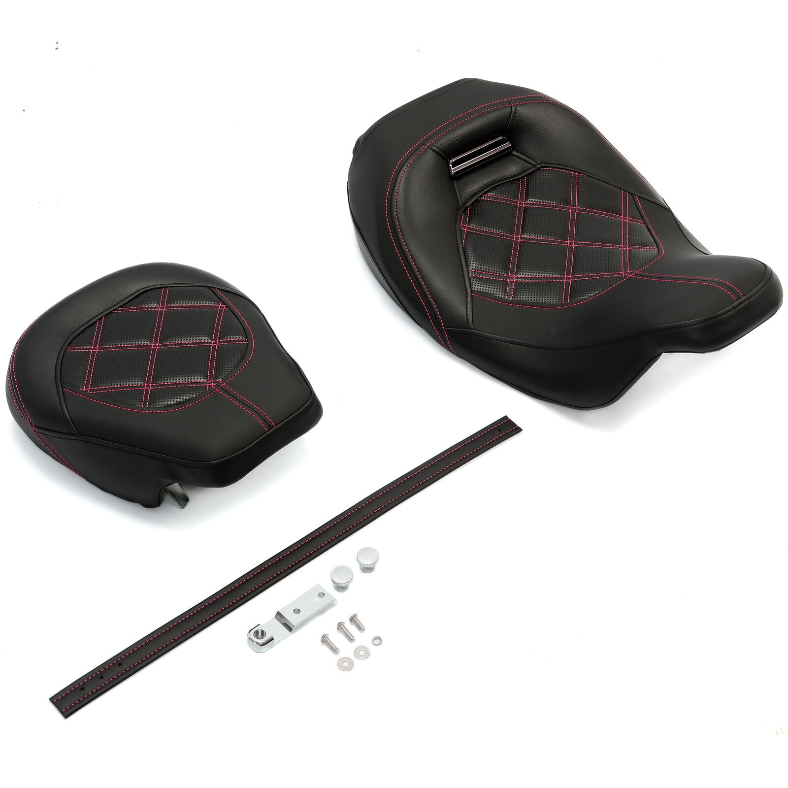 Kojem Driver＆ Passenger 2-UP Seat Set Low-Profile Black with Red Lattice Stitch for 2009-2022 Harley Davidson Road King CVO Road Glide Street Glide Electra Glide