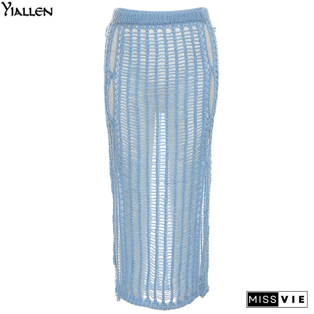 Yiallen Summer Yellow OpenworkWeaving Long Skirt New Women Sexy Chic Maxi Skirt Casual Streetwear Club Party Y2k Outfits