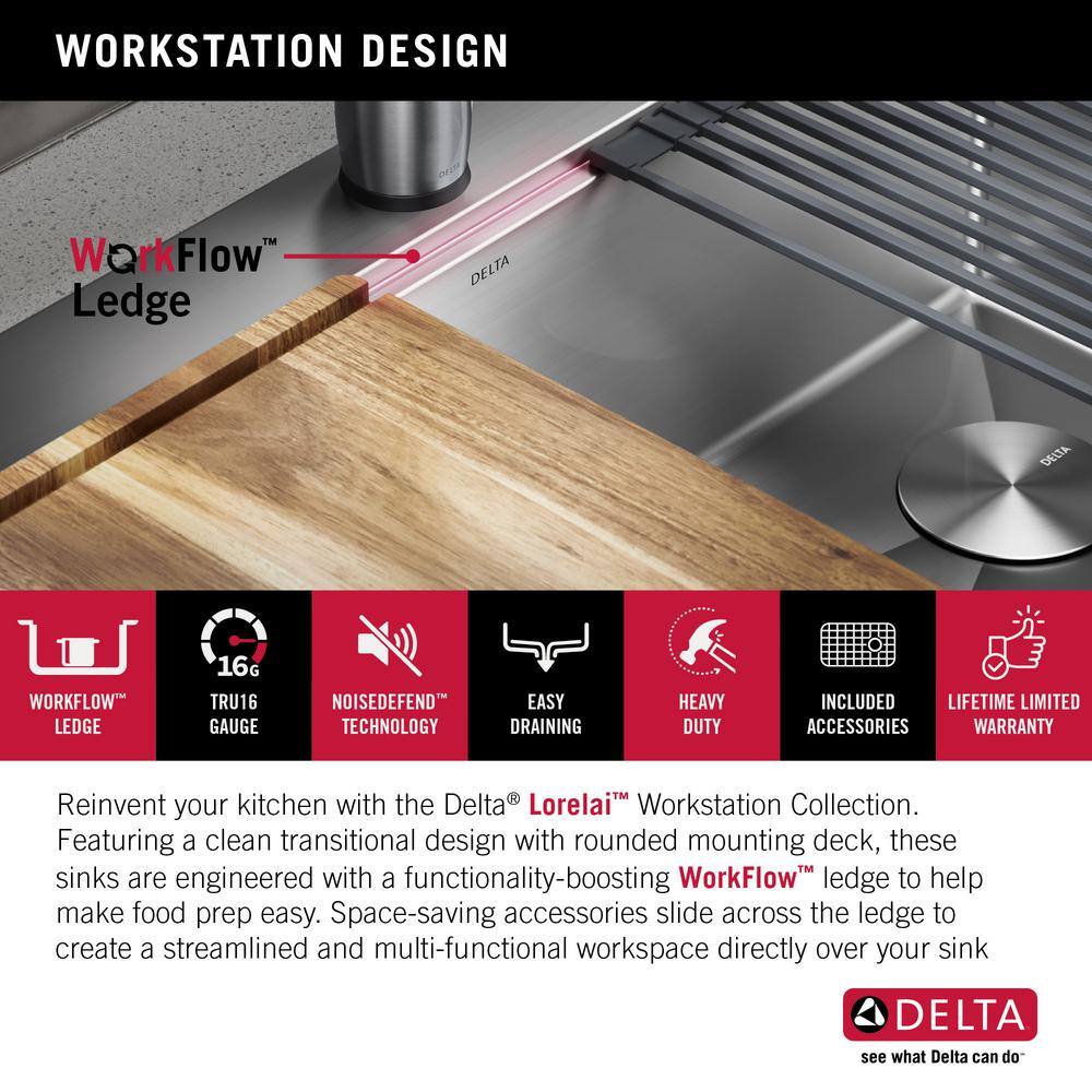 Delta Lorelai 16 Gauge Stainless Steel 33in. Single Bowl Drop-in Workstation Kitchen Sink with Accessories 95A932-33S-SS