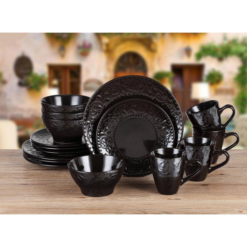 Lorren Home Trends 16-Piece Stoneware Scroll Dinnerware Set-Black LH528