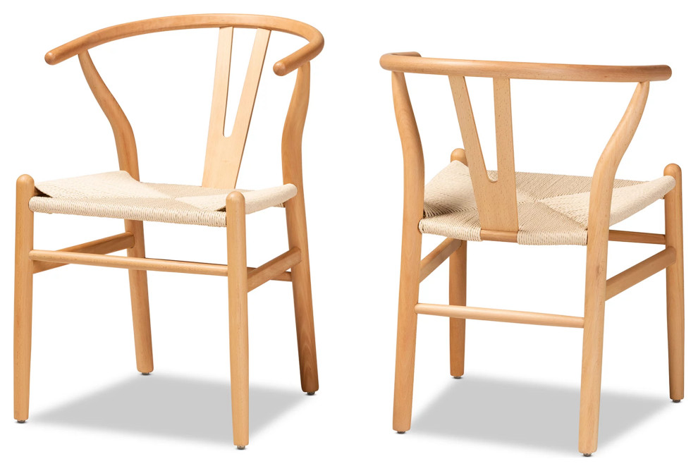 Set of 2 Dining Chair  Curved Open Wishbone Back With Woven Hemp Seat  Natural   Beach Style   Dining Chairs   by Decor Love  Houzz