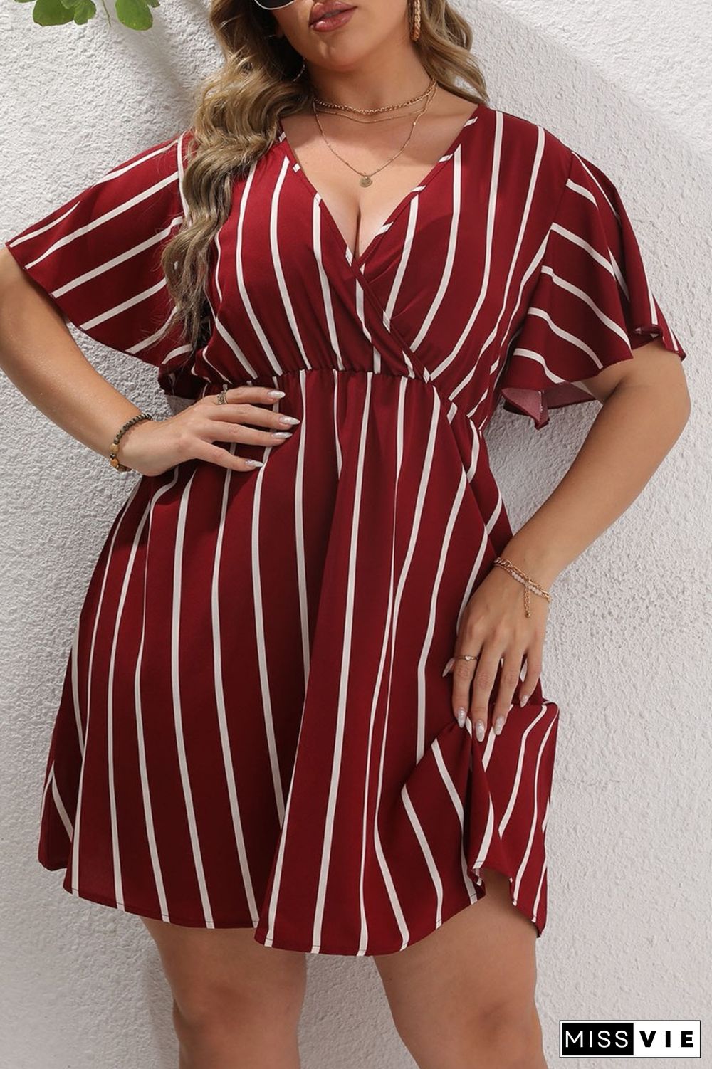 Black Casual Striped Print Patchwork V Neck Short Sleeve Dress Plus Size Dresses