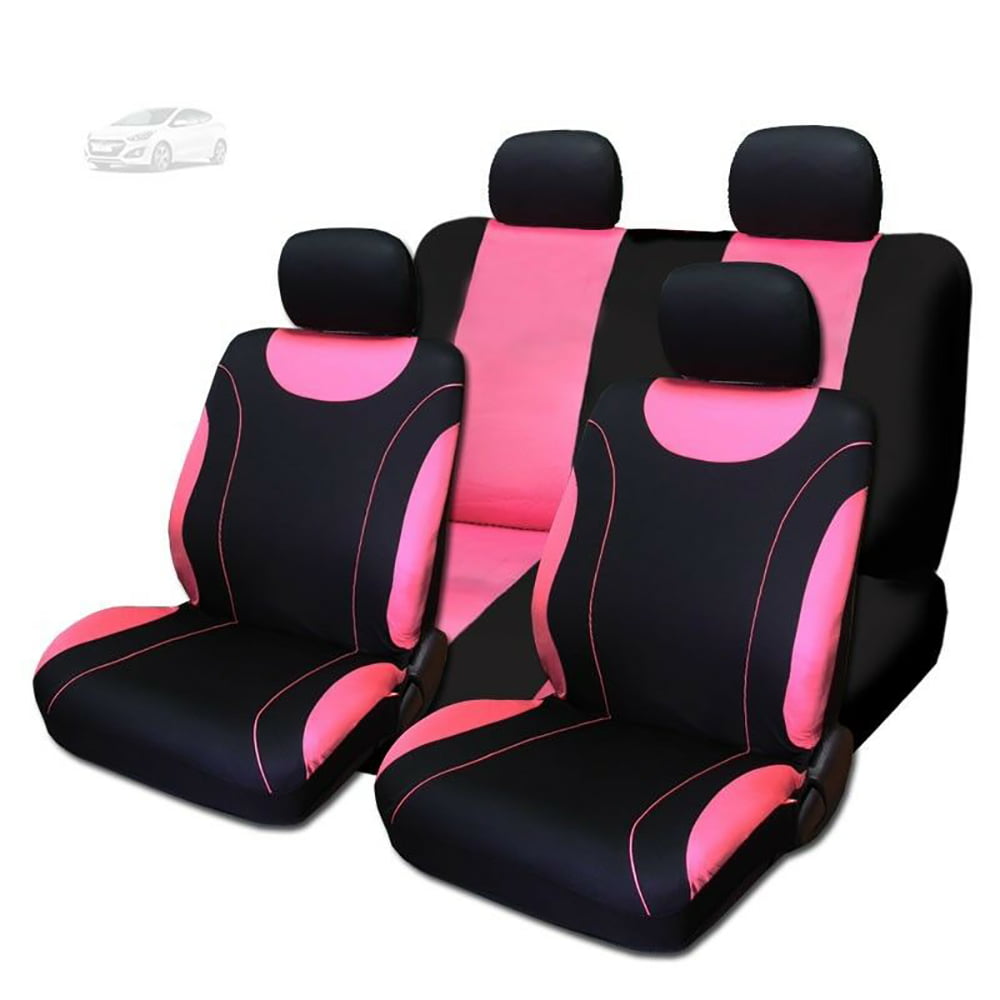 Yupbizauto Universal Size Polyester Flat Cloth Polyester Sleek Design Black and Pink Front and Rear Car Seat Covers Full Set