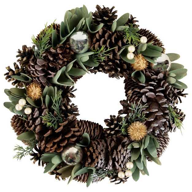 Northlight Silver And Green Mixed Foliage And Pinecone Christmas Wreath 13 5 inch Unlit