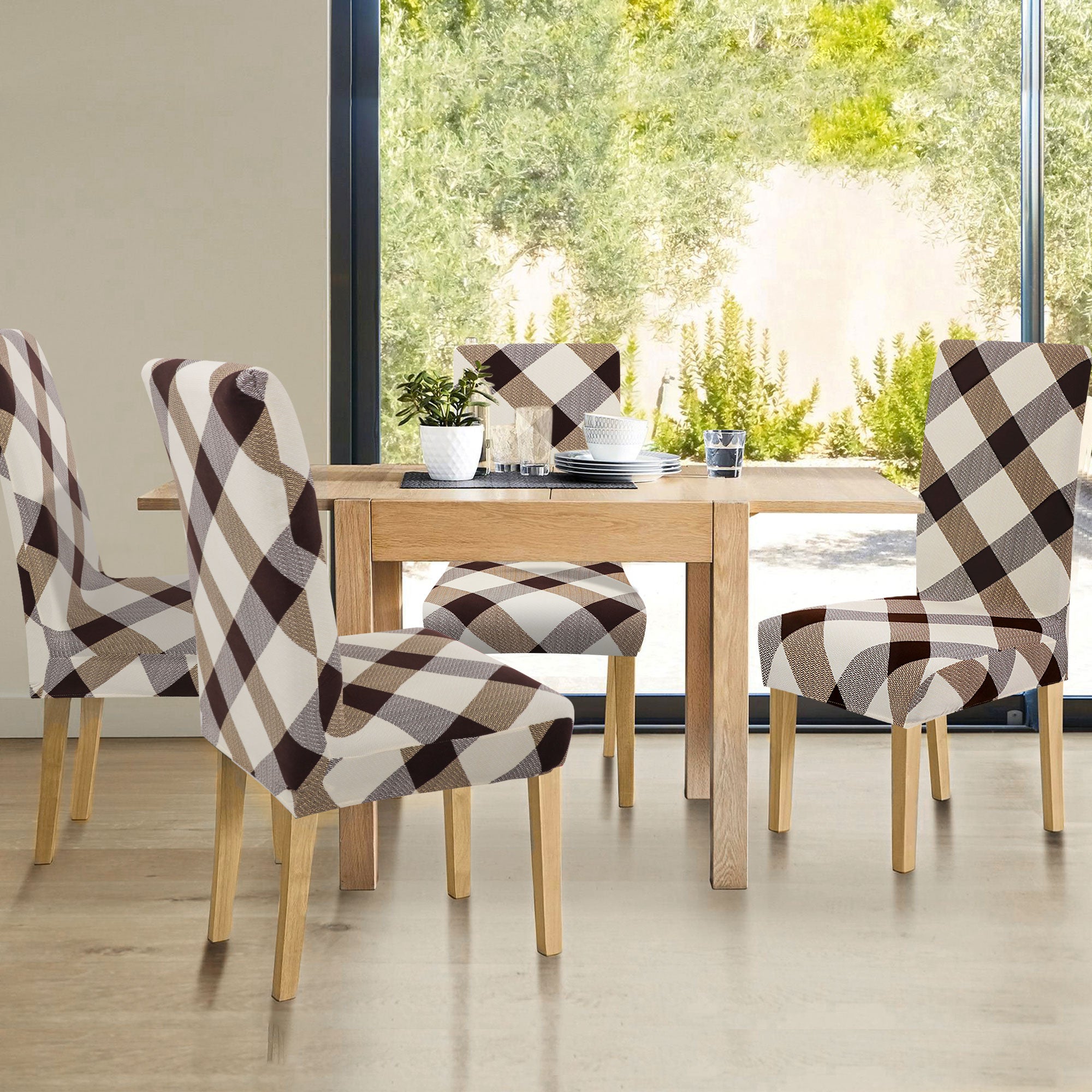 PiccoCasa 2Pcs Plaid Chair Coves for Dining Room, Stretch Chair Procters, Brown and Biege Medium