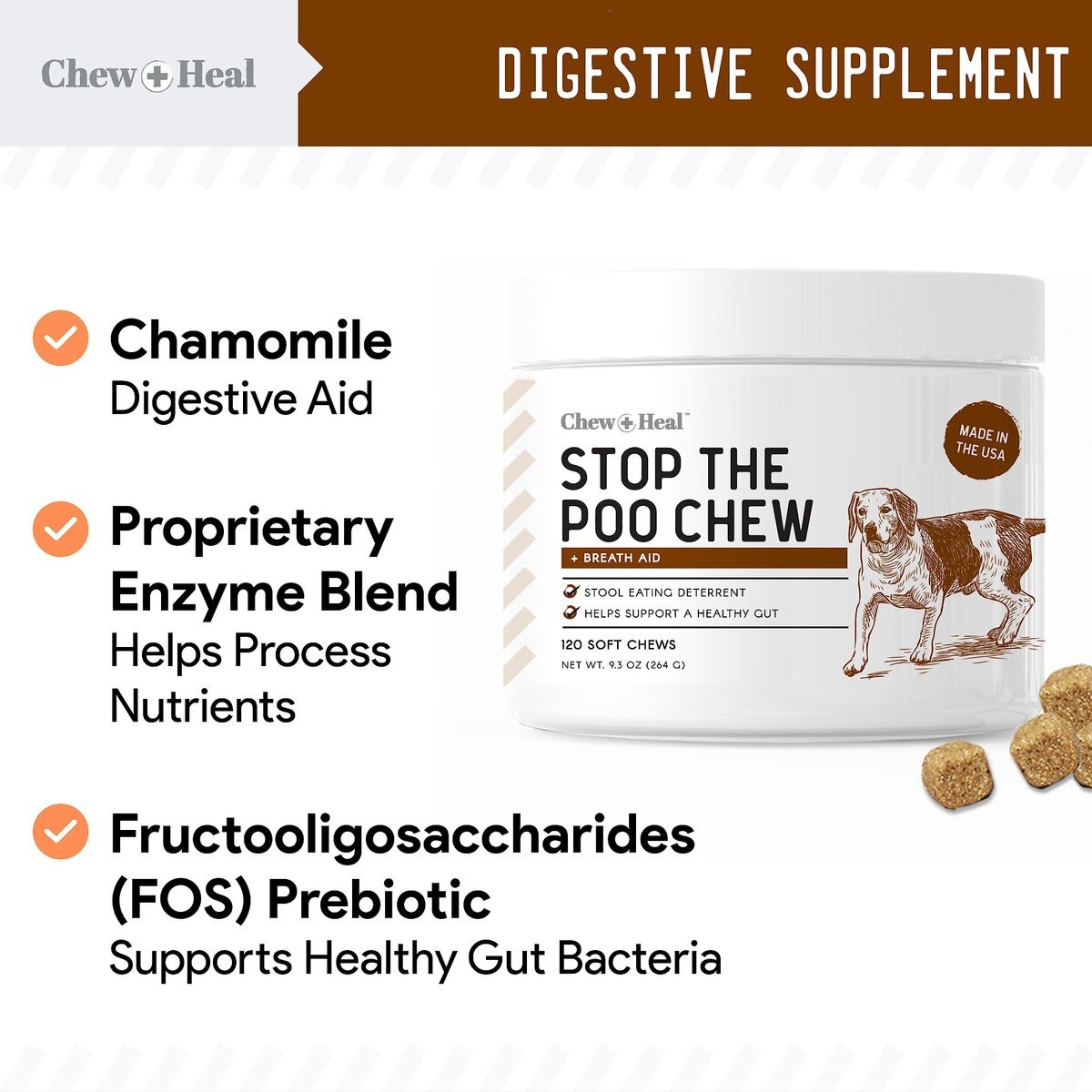 Chew + Heal Stop The Poo Soft Chew Coprophagia and Digestive Supplement for Dogs， 120 count