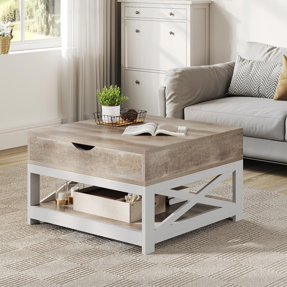 Moasis Farmhouse Lift Top Square Coffee Table with Storage and Shelf