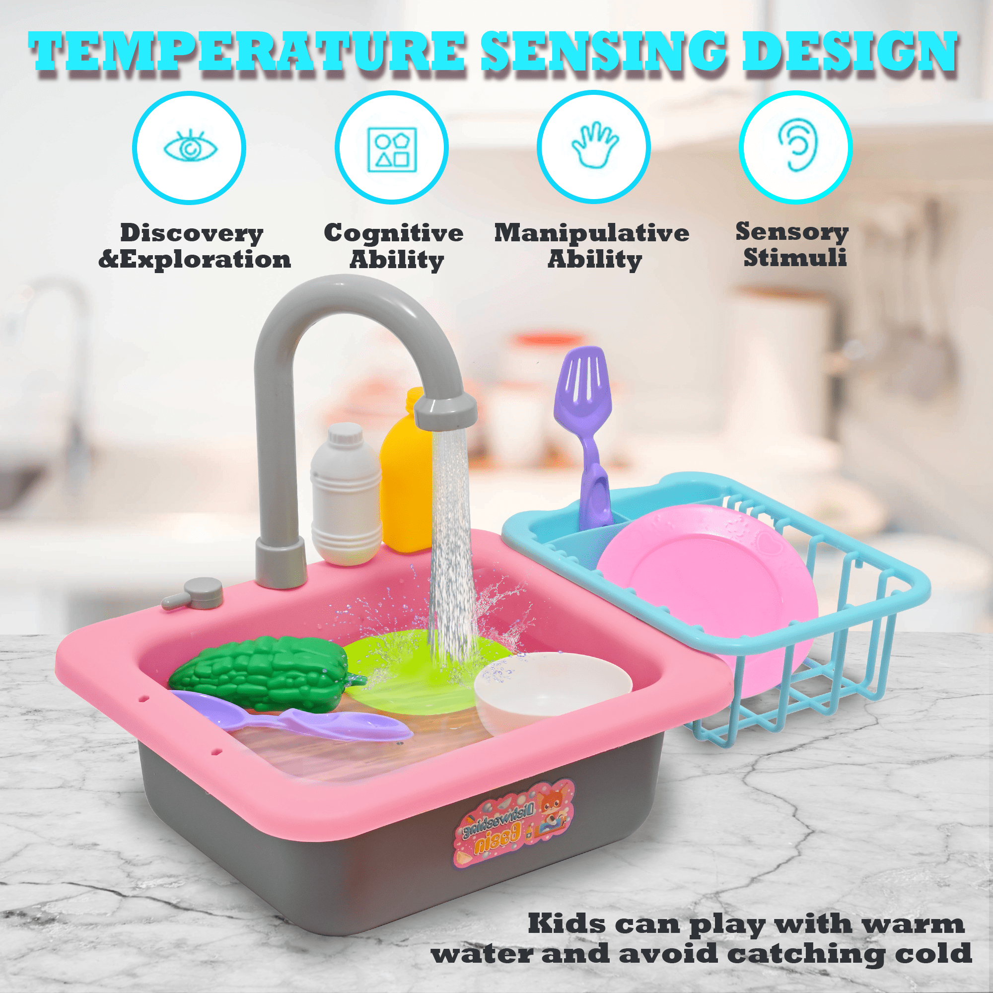 Kitchen Sink Toys - Play Sink with Running Water, Kids Pretend Play Kitchen Toy Sink for Girl, Role Play Electronic Dishwasher Kitchen Water Toys Set