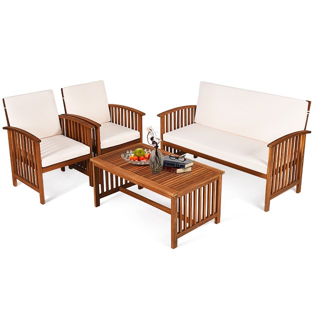 Costway 4pcs Patio Solid Wood Furniture Set Conversation Coffee Table W white Cushion