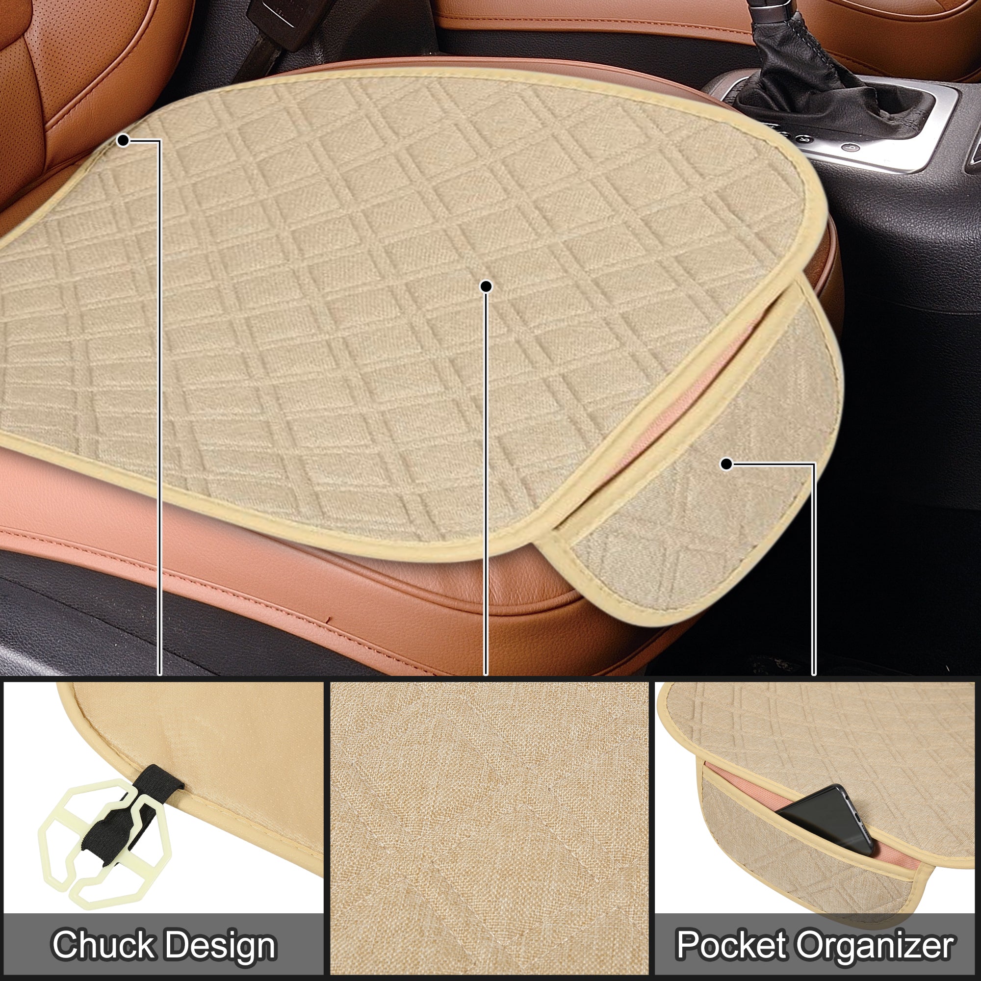 Unique Bargains Front Rear Car Seat Covers Protector Seat Mat Bench Cover Breathable Flax Cloth Beige Universal