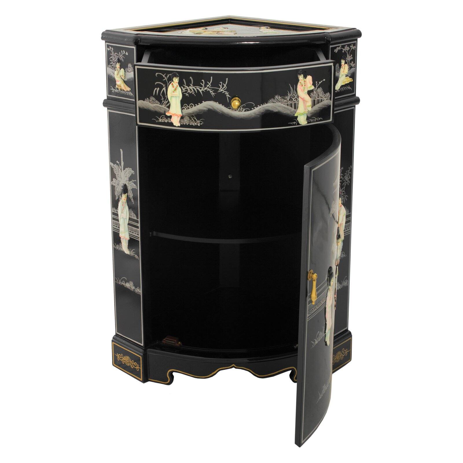 Oriental Furniture Small Corner Cabinet, 31.00"H, for any room, any occasion, black mother of pearl, hand crafted