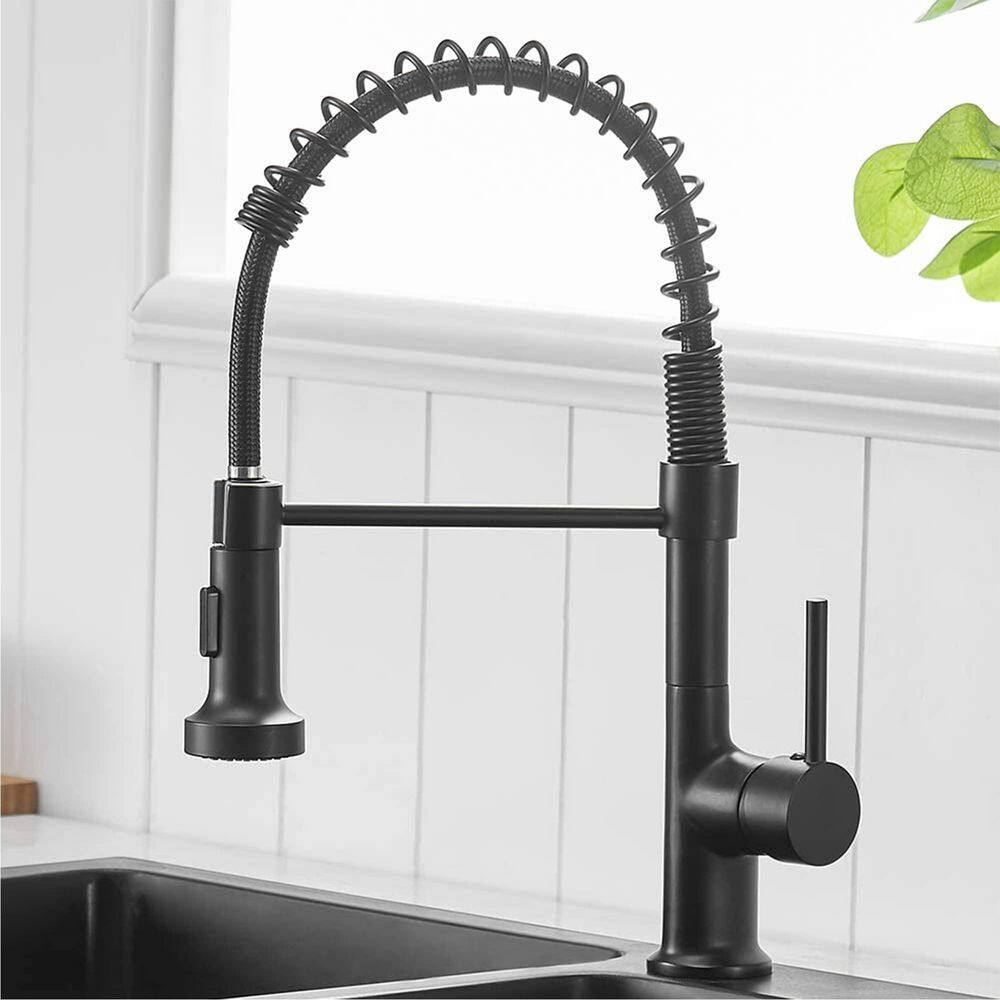 FLG Commercial Kitchen Sink Faucet with Pull Down Sprayer Spring Kitchen Faucets Single Handle Brass 1 Hole Taps Matte Black CC-0040-MB