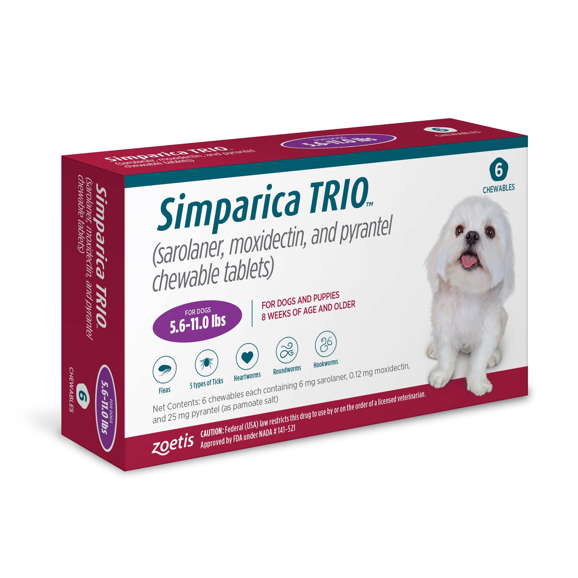 Simparica Trio 5.6-11 lbs. Dogs， 6 Month Supply