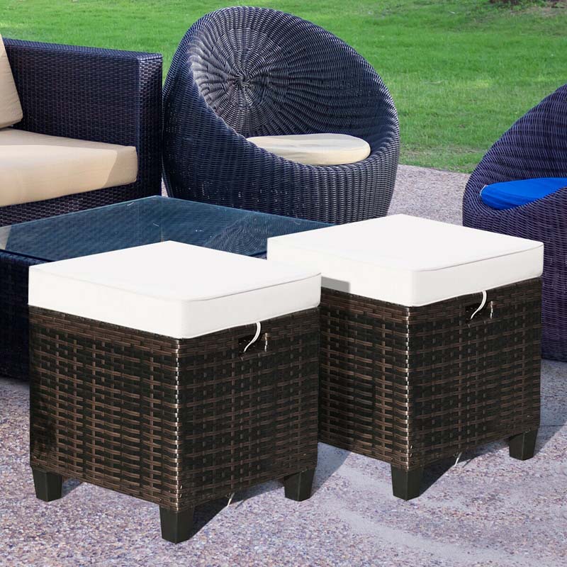 2 Pcs Rattan Patio Ottoman Set with Removable Cushions, All Weather Wicker Outdoor Footstool Footrest Seat