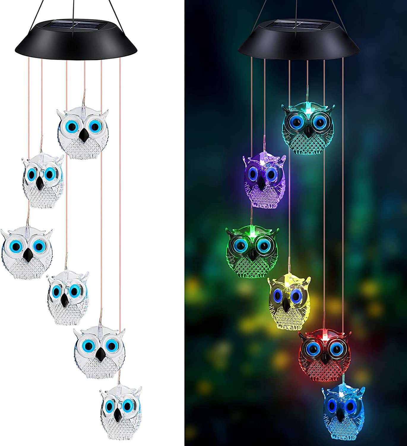 Welltop Solar Wind Chimes， Owl LED Solar Powered Wind Chimes Lamp Color Changing Waterproof Garden Chimes with Hook for Outdoor Indoor Patio Yard