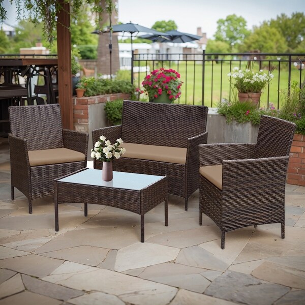 4 Piece Patio Conversation Wicker Furniture Set，Outdoor Rattan Sectional Furniture Set With Cushions