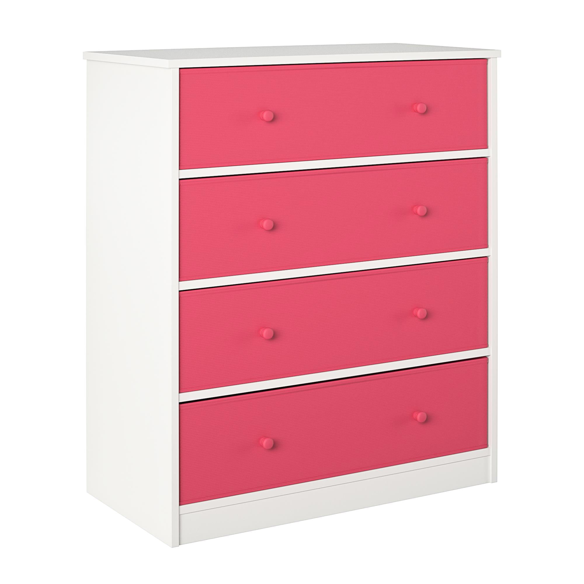 Ameriwood Home Mya Park Tall Dresser with 4 Fabric Bins, White w/ Pink Bins