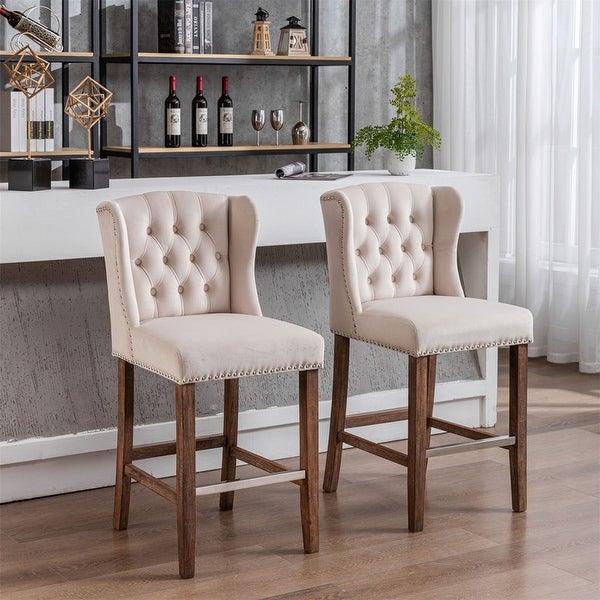 Upholstered 27 Seat Height Barstools with Nailhead-Trim and Tufted Back， Set of 2