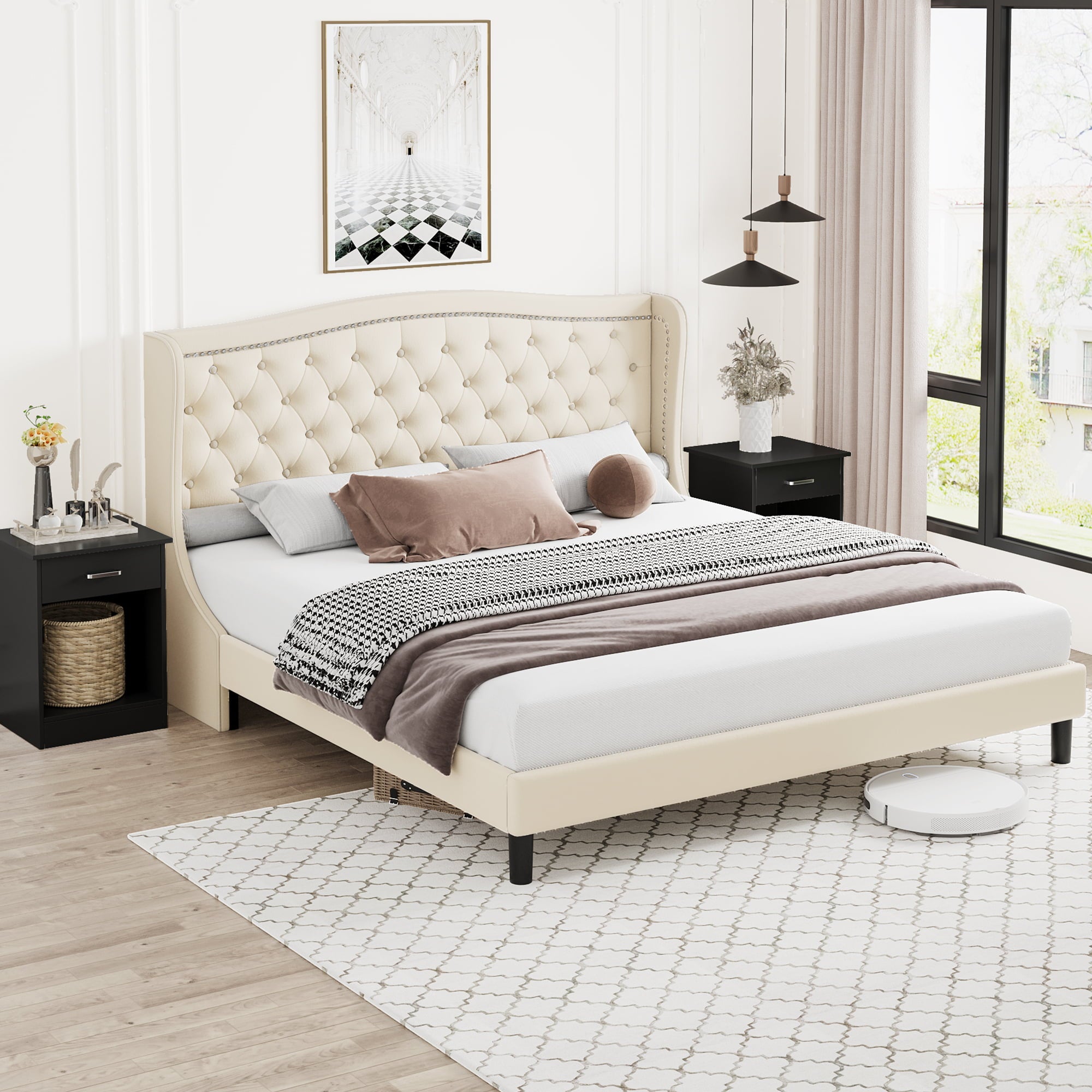 Homfa King Bed Frame, Modern Bed Frame with Wing-Back Button Tufted Upholstered Headboard, Wood Slat Support, Beige