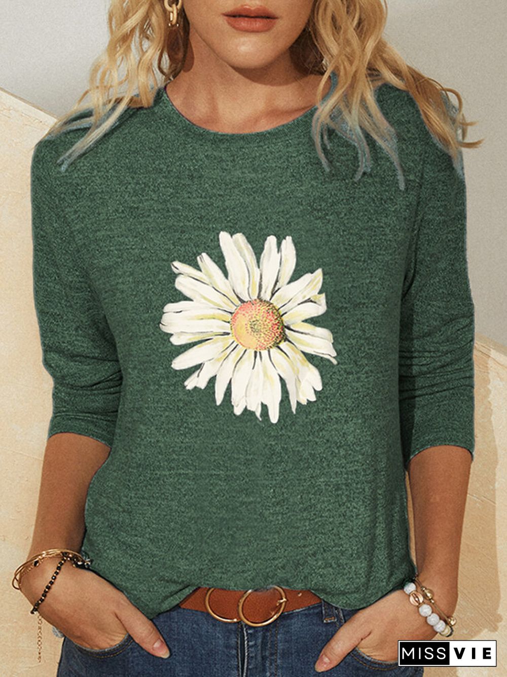 Flower Print Long Sleeves O-neck Casual T-shirt