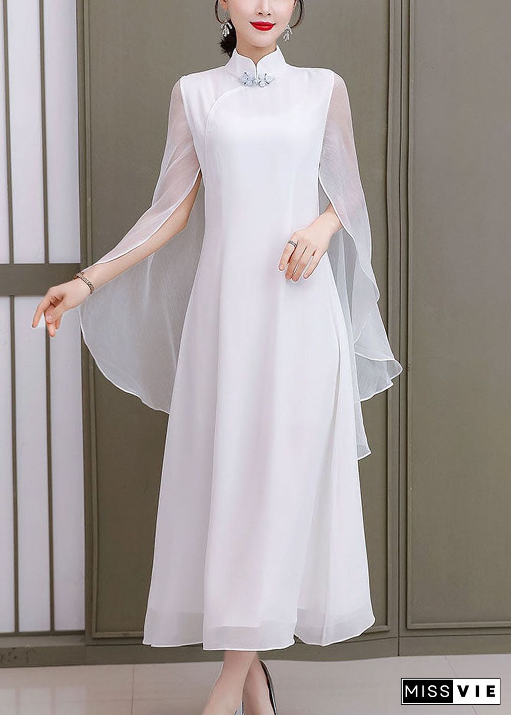 Vintage White Solid Mandarin Collar Shawl Chiffon Cheongsam Dress Sleeveless