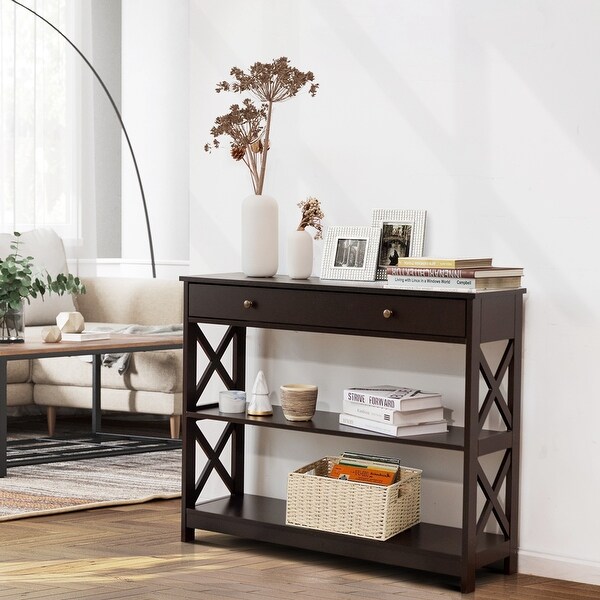 Costway 3-Tier Console Table X-Design Sofa Entryway Table with Drawer