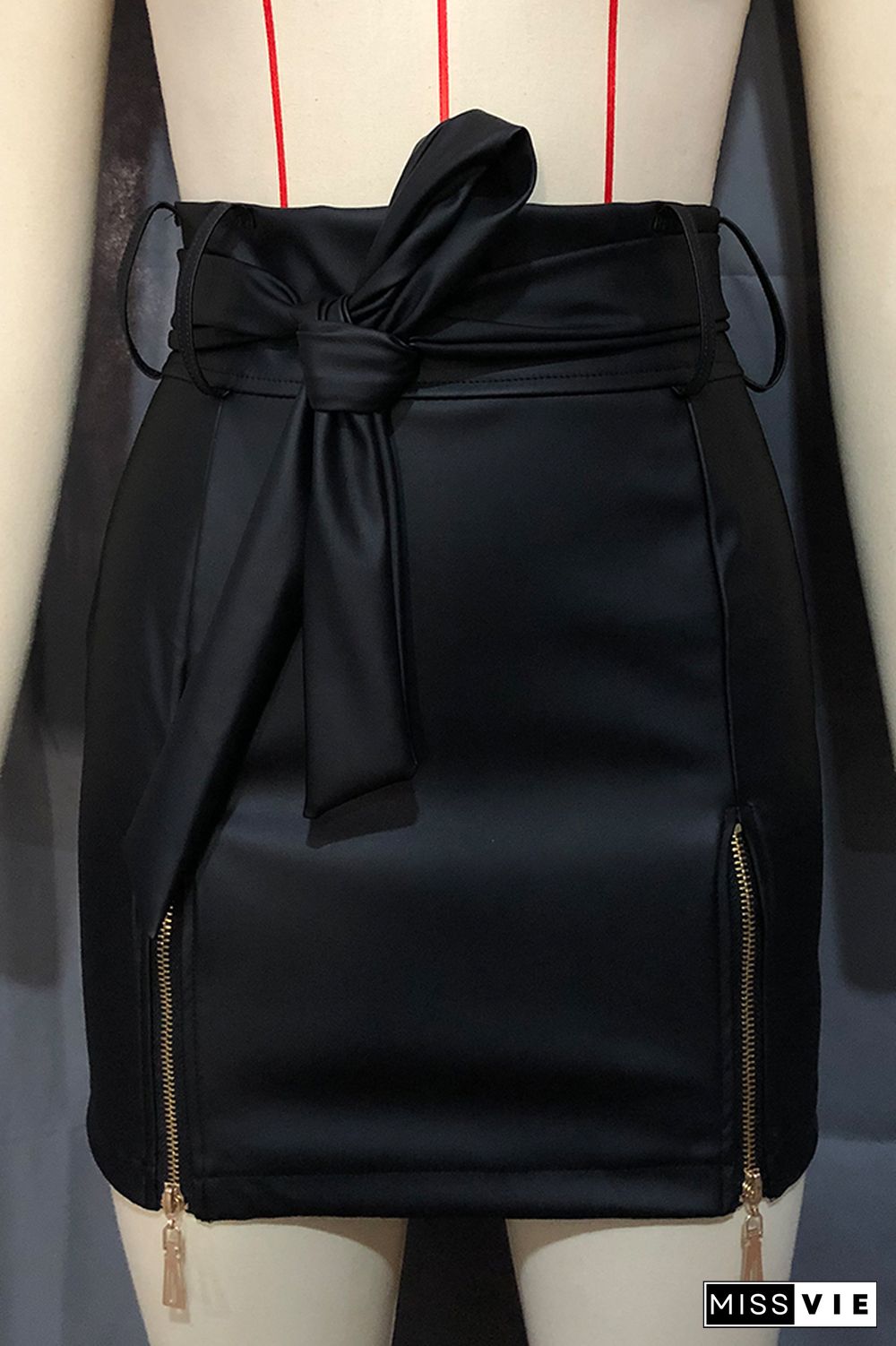 Leather Zipper Design Waist Tie Knot Skirt Dress