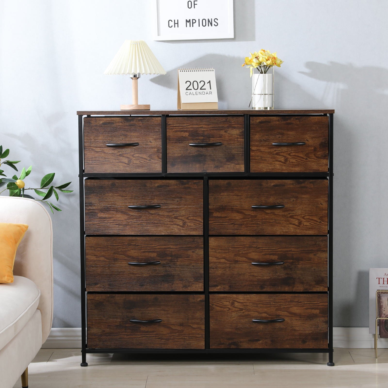 AVAWING Drawer Dresser, Closet Storage Dresser with 9 Wooden Panel Drawers, Industrial Wide Drawers with Metal Frame, Wooden Top and Front for Bedroom, Hallway, Entryway (Rustic Brown and Black)