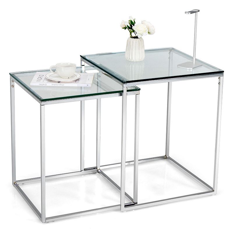 2 Pieces Modern Nesting Coffee Table with Tempered Glass Top and Steel Frame-Sliver